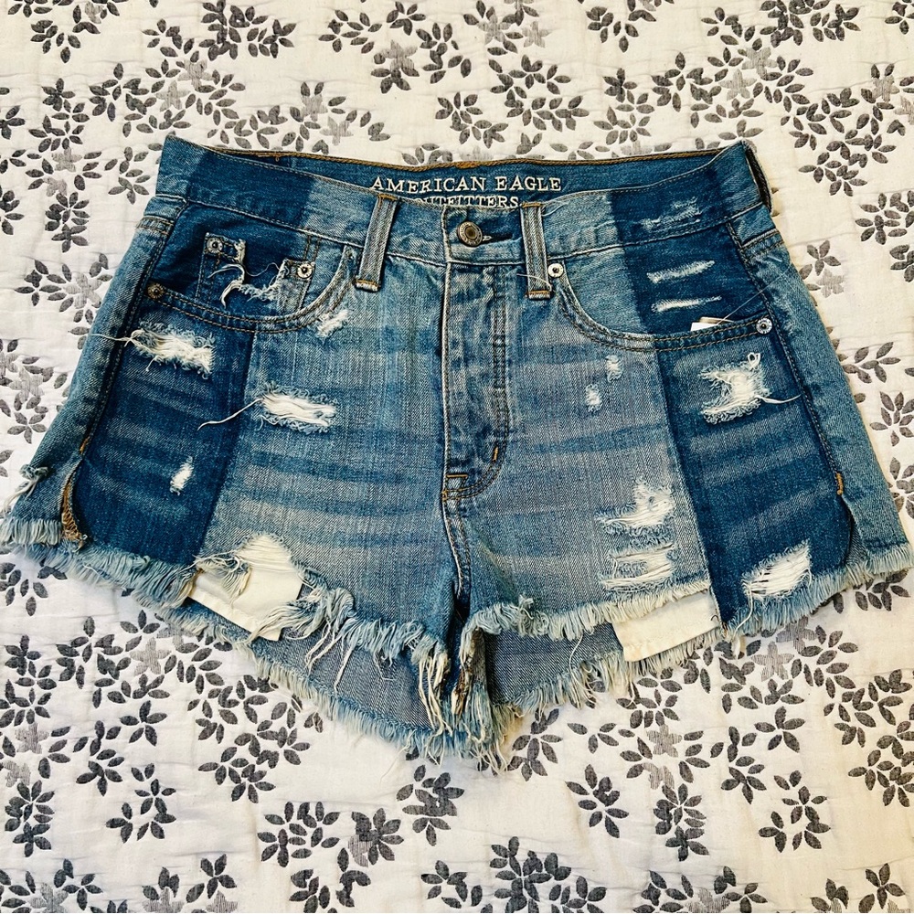 American Eagle Outfitters Distressed Two-Tone Blue Denim Jean Shorts